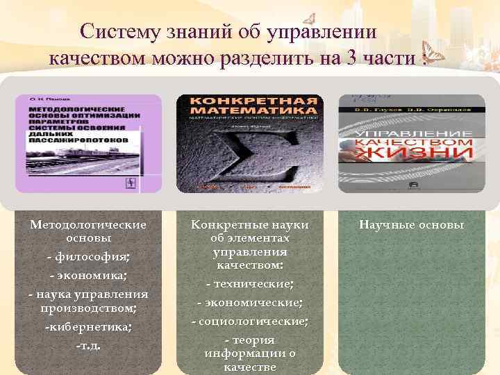 Систему знаний об управлении качеством можно разделить на 3 части : Методологические основы философия;