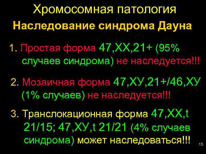 Хромосомная патология Наследование синдрома Дауна 1. Простая форма 47, ХХ, 21+ (95% случаев синдрома)