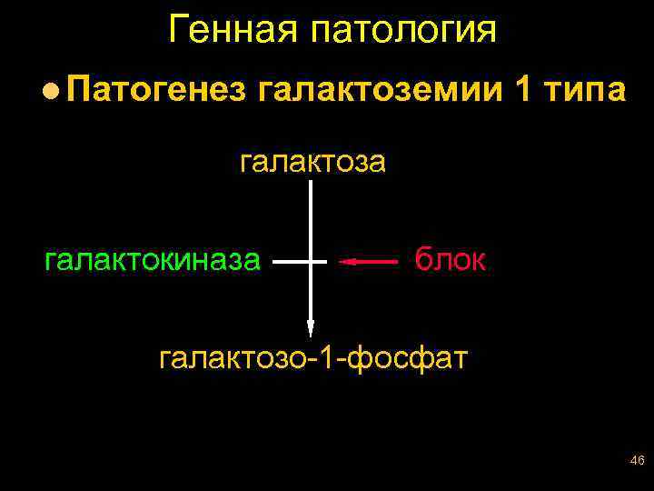 Генная патология l Патогенез галактоземии 1 типа галактоза галактокиназа блок галактозо-1 -фосфат 46 