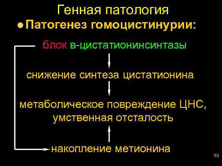 Генная патология l Патогенез гомоцистинурии: блок в-цистатионинсинтазы снижение синтеза цистатионина метаболическое повреждение ЦНС, умственная