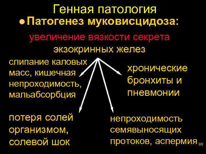 Генная патология l Патогенез муковисцидоза: увеличение вязкости секрета экзокринных желез слипание каловых масс, кишечная