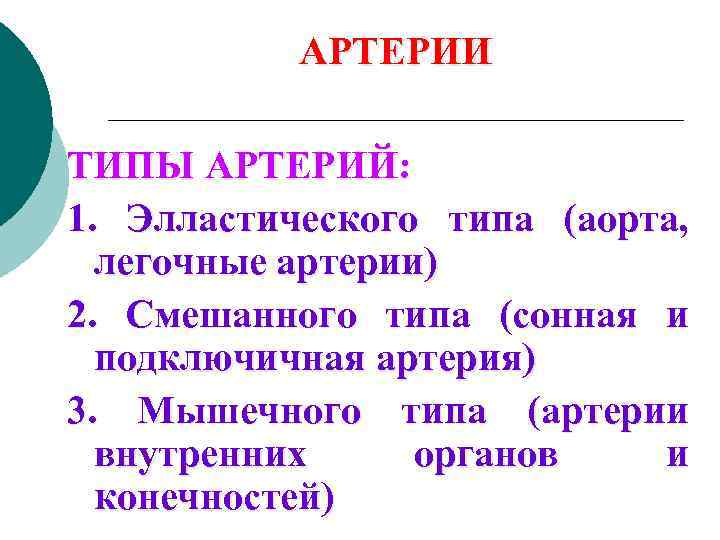 АРТЕРИИ ТИПЫ АРТЕРИЙ: 1. Элластического типа (аорта, легочные артерии) 2. Смешанного типа (сонная и