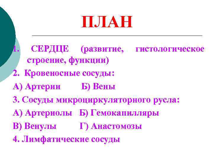 ПЛАН СЕРДЦЕ (развитие, гистологическое строение, функции) 2. Кровеносные сосуды: А) Артерии Б) Вены 3.