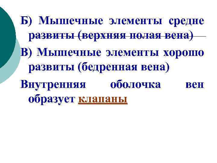 Б) Мышечные элементы средне развиты (верхняя полая вена) В) Мышечные элементы хорошо развиты (бедренная