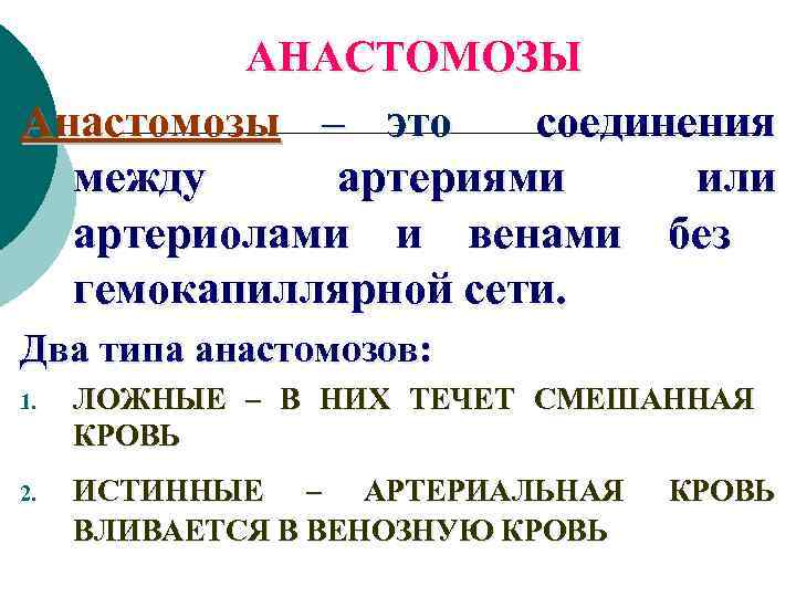 АНАСТОМОЗЫ Анастомозы – это соединения между артериями или артериолами и венами без гемокапиллярной сети.