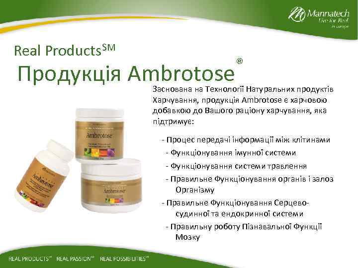  Real Products. SM Продукція Ambrotose ® Заснована на Технології Натуральних продуктів Харчування, продукція