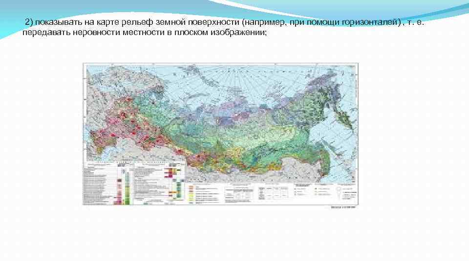2) показывать на карте рельеф земной поверхности (например, при помощи горизонталей) , т. е.