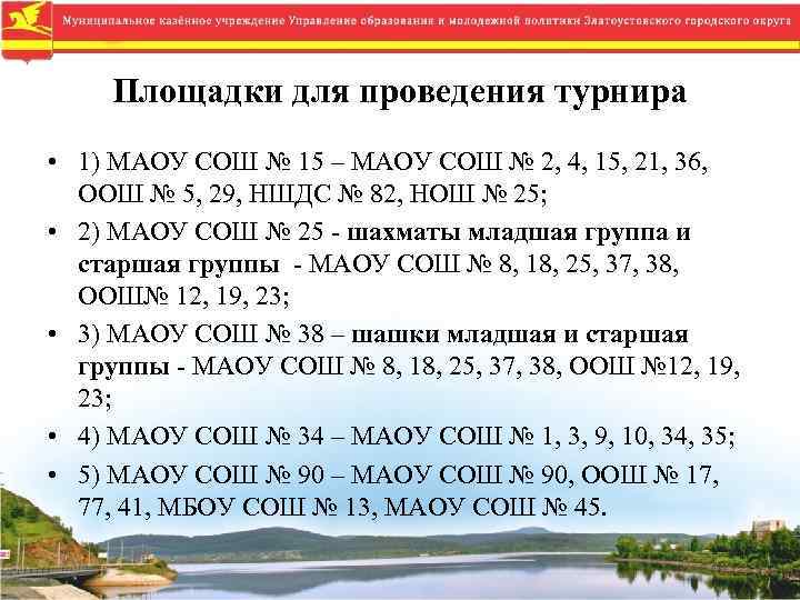 Площадки для проведения турнира • 1) МАОУ СОШ № 15 – МАОУ СОШ №