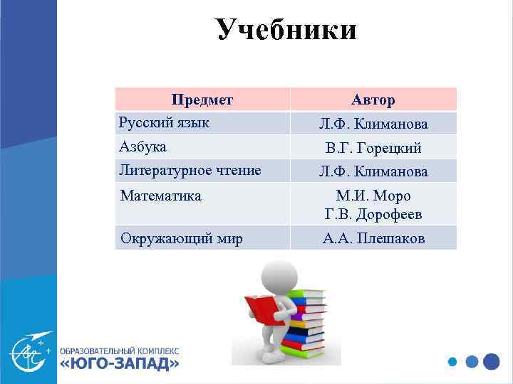 Учебники Предмет Русский язык Азбука Литературное чтение Автор Л. Ф. Климанова В. Г. Горецкий