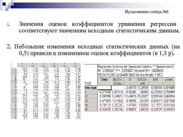 Продолжение слайда № 6 1. Значения оценок коэффициентов уравнения регрессии соответствуют значениям исходным статистическим
