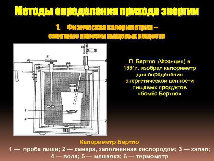 Методы определения прихода энергии 1. Физическая калориметрия – сжигание навески пищевых веществ П. Бертло