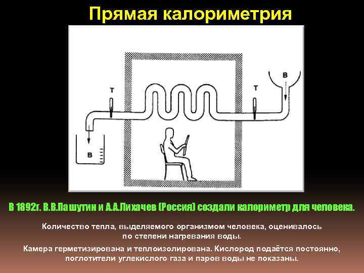 Прямая калориметрия В 1892 г. В. В. Пашутин и А. А. Лихачев (Россия) создали