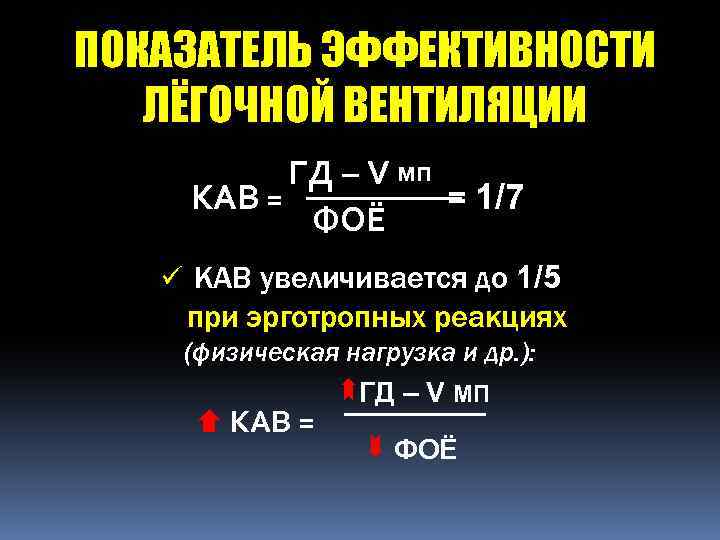 ПОКАЗАТЕЛЬ ЭФФЕКТИВНОСТИ ЛЁГОЧНОЙ ВЕНТИЛЯЦИИ ГД – V мп КАВ = = 1/7 ФОЁ ü