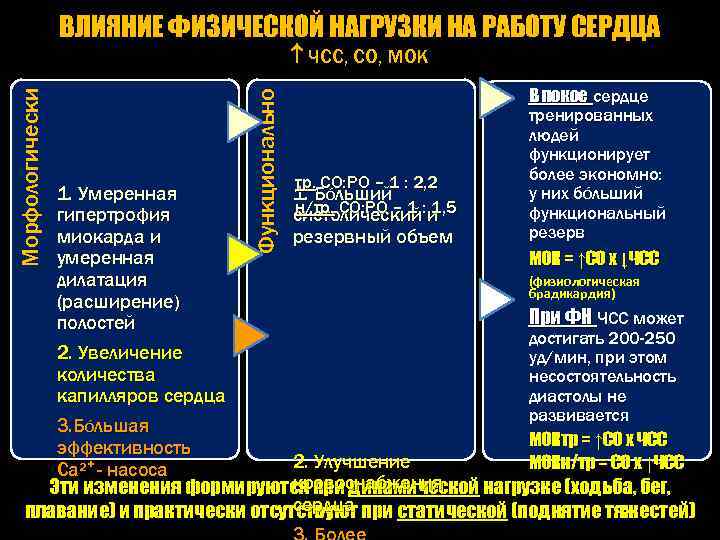 ВЛИЯНИЕ ФИЗИЧЕСКОЙ НАГРУЗКИ НА РАБОТУ СЕРДЦА Функционально Морфологически ЧСС, СО, МОК тр. СО: РО