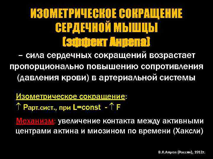 ИЗОМЕТРИЧЕСКОЕ СОКРАЩЕНИЕ СЕРДЕЧНОЙ МЫШЦЫ (эффект Анрепа) – сила сердечных сокращений возрастает пропорционально повышению сопротивления