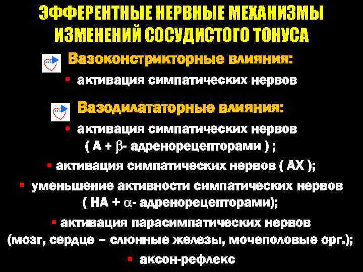 ЭФФЕРЕНТНЫЕ НЕРВНЫЕ МЕХАНИЗМЫ ИЗМЕНЕНИЙ СОСУДИСТОГО ТОНУСА Вазоконстрикторные влияния: § активация симпатических нервов Вазодилататорные влияния: