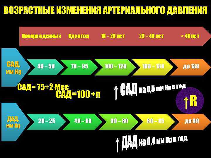 ВОЗРАСТНЫЕ ИЗМЕНЕНИЯ АРТЕРИАЛЬНОГО ДАВЛЕНИЯ Новорожденный САД, мм Hg Один год 70 – 95 48