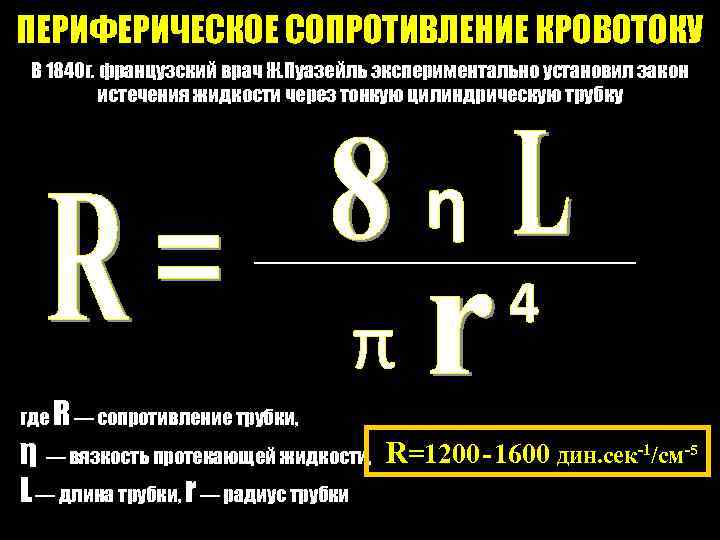 ПЕРИФЕРИЧЕСКОЕ СОПРОТИВЛЕНИЕ КРОВОТОКУ В 1840 г. французский врач Ж. Пуазейль экспериментально установил закон истечения