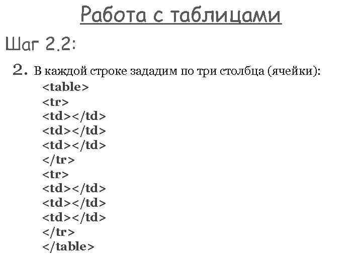 Работа с таблицами Шаг 2. 2: 2. В каждой строке зададим по три столбца