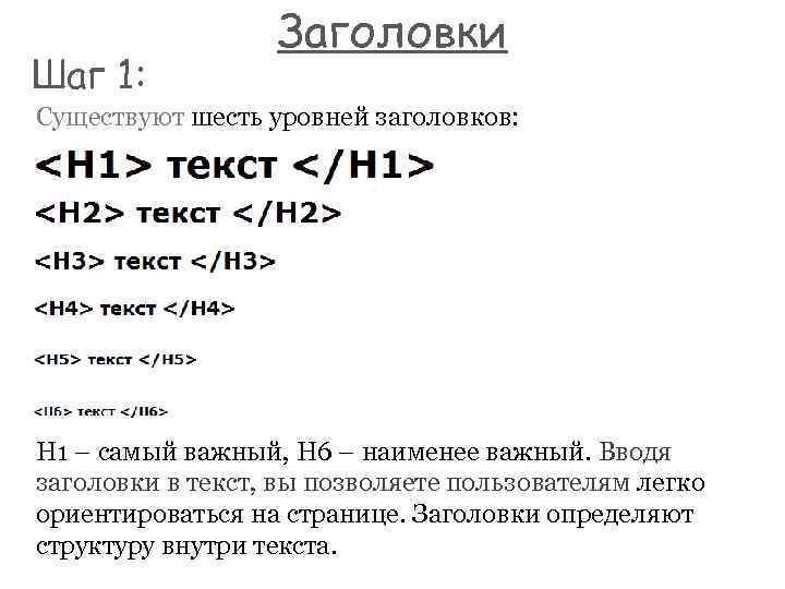 Шаг 1: Заголовки Существуют шесть уровней заголовков: H 1 – самый важный, H 6