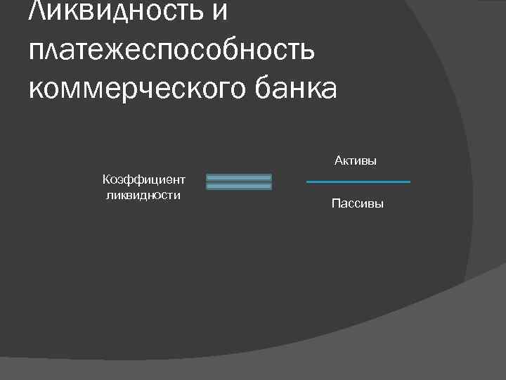 Ликвидность и платежеспособность коммерческого банка Активы Коэффициент ликвидности Пассивы 