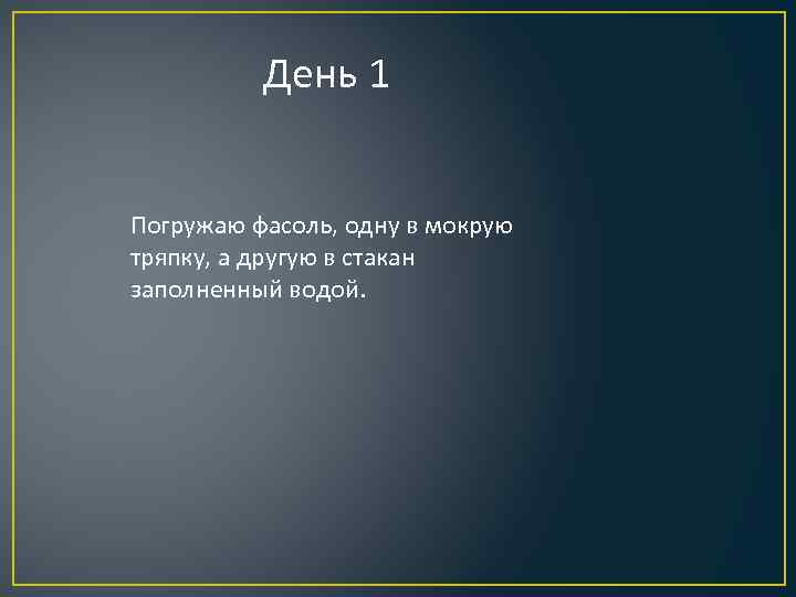 День 1 Погружаю фасоль, одну в мокрую тряпку, а другую в стакан заполненный водой.