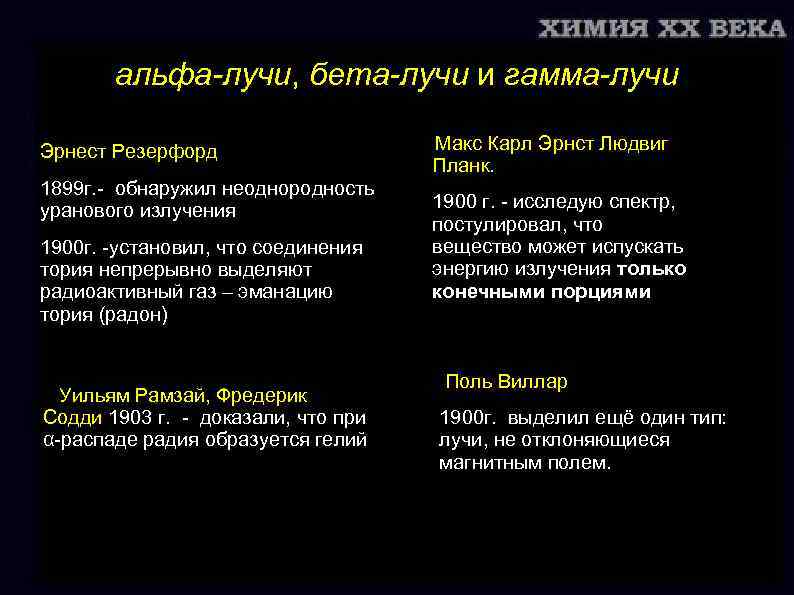 альфа-лучи, бета-лучи и гамма-лучи Эрнест Резерфорд 1899 г. - обнаружил неоднородность уранового излучения 1900