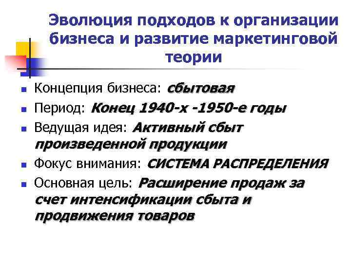 Эволюция подходов к организации бизнеса и развитие маркетинговой теории n n n Концепция бизнеса: