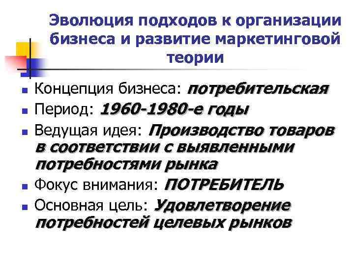 Эволюция подходов к организации бизнеса и развитие маркетинговой теории n n n Концепция бизнеса: