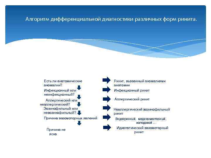 Алгоритм дифференциальной диагностики различных форм ринита. Есть ли анатомические аномалии? Инфекционный или неинфекционный? Аллергический