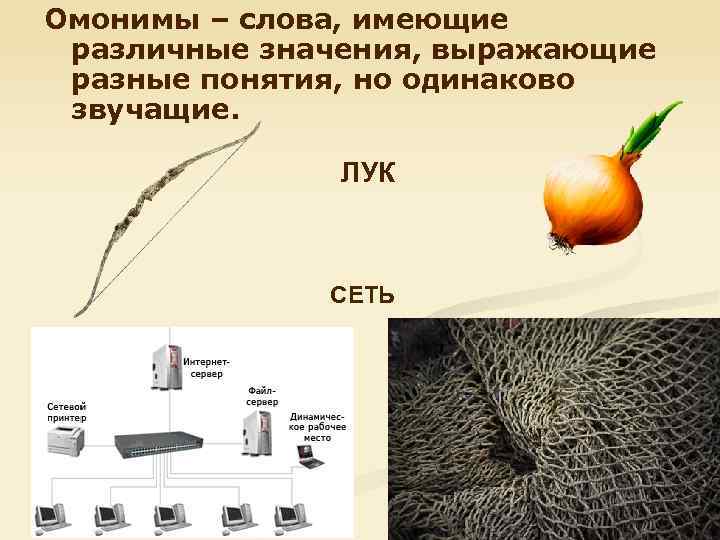 Омонимы – слова, имеющие различные значения, выражающие разные понятия, но одинаково звучащие. ЛУК СЕТЬ