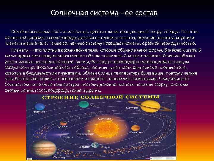 Солнечная система - ее состав Солнечная система состоит из солнца, девяти планет вращающихся вокруг