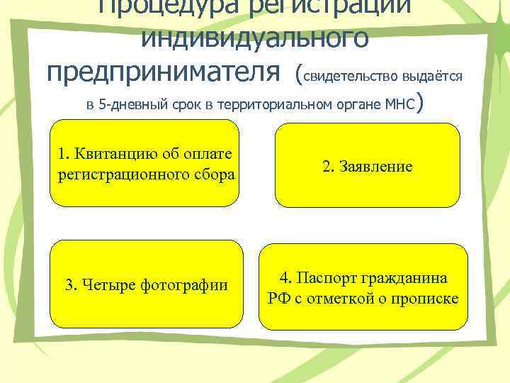 Процедура регистрации индивидуального предпринимателя (свидетельство выдаётся в 5 -дневный срок в территориальном органе МНС