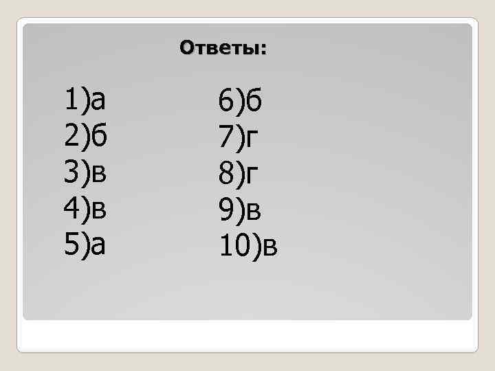 Ответы: 1)а 2)б 3)в 4)в 5)а 6)б 7)г 8)г 9)в 10)в 