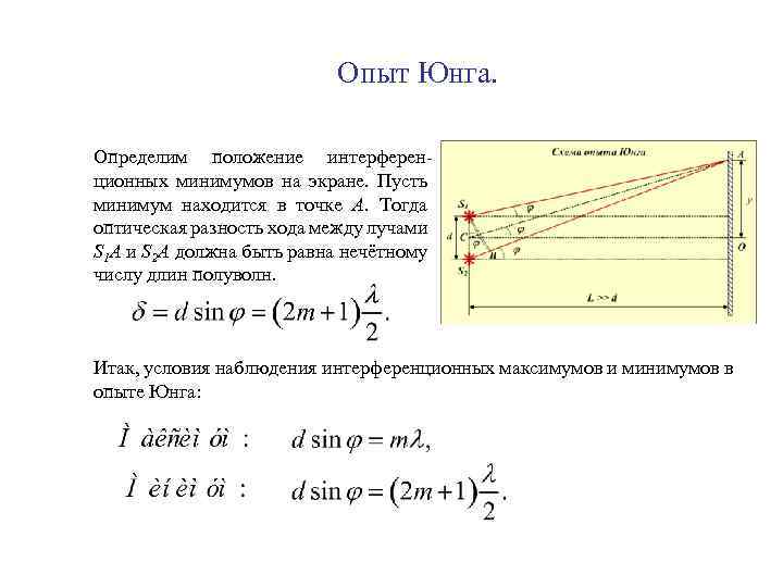 Положения максимумов в опыте Юнга. Оптическая разность хода в опыте Юнга. Опыт Юнга формулы.