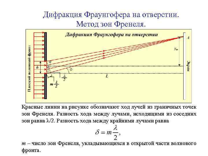 При наблюдении из какой точки. Метод зон Френеля разность хода. Метода зон Френеля и дифракции Фраунгофера.. Разность хода лучей зон Френеля. Дифракция Фраунгофера френедч.