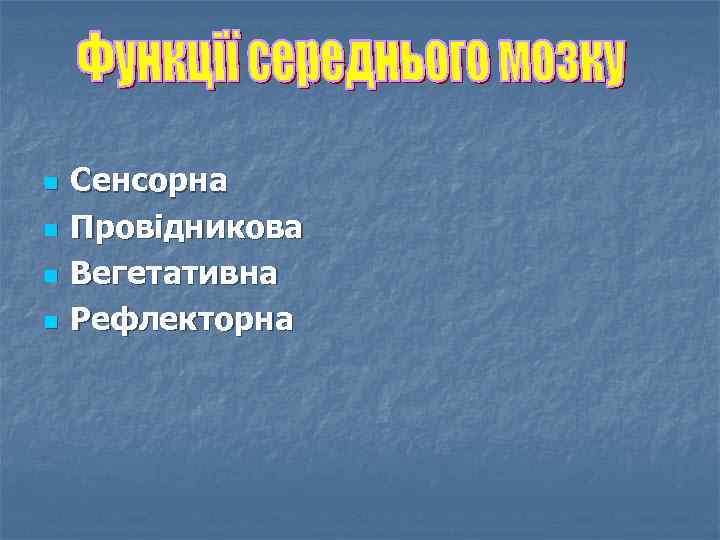 n n Сенсорна Провідникова Вегетативна Рефлекторна 