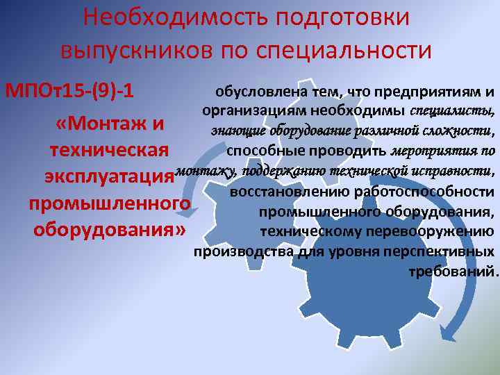 Необходимость подготовки выпускников по специальности обусловлена тем, что предприятиям и МПОт15 -(9)-1 организациям необходимы