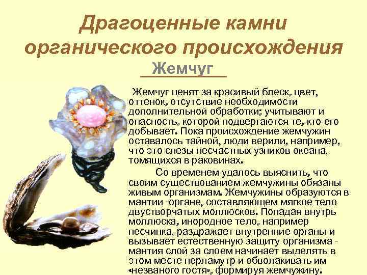 Драгоценные камни органического происхождения Жемчуг ценят за красивый блеск, цвет, оттенок, отсутствие необходимости дополнительной