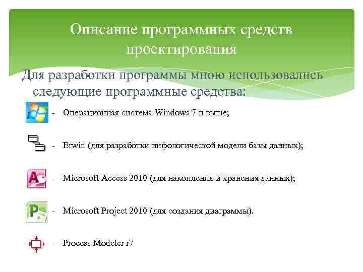 Описание программных средств проектирования Для разработки программы мною использовались следующие программные средства: - Операционная