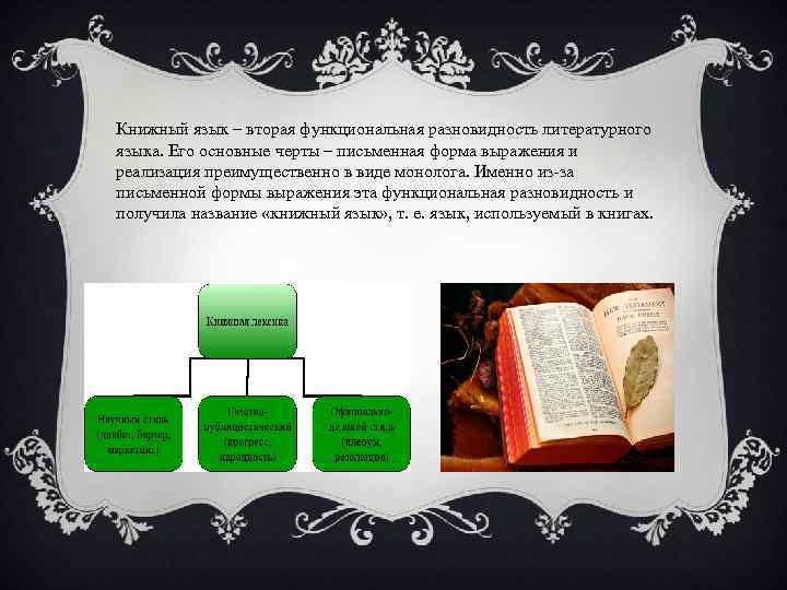 Книжный язык – вторая функциональная разновидность литературного языка. Его основные черты – письменная форма