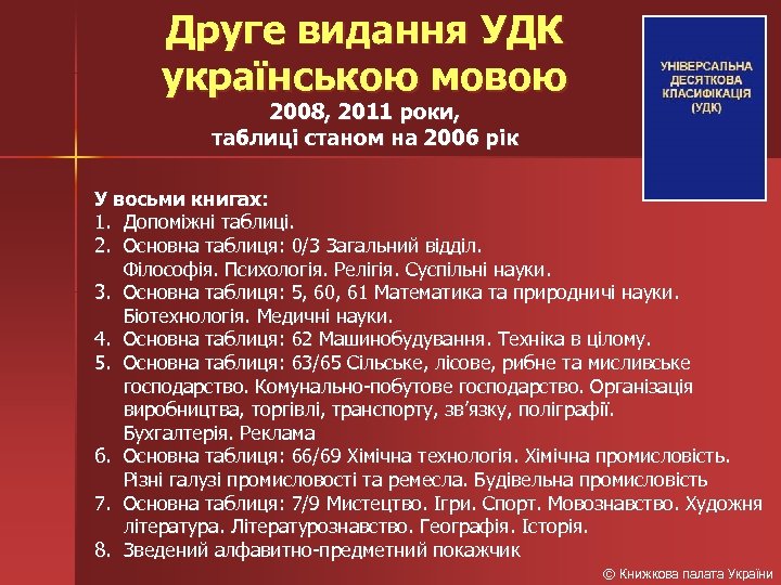 Друге видання УДК українською мовою 2008, 2011 роки, таблиці станом на 2006 рік У