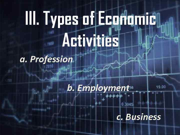 III. Types of Economic Activities a. Profession b. Employment c. Business 