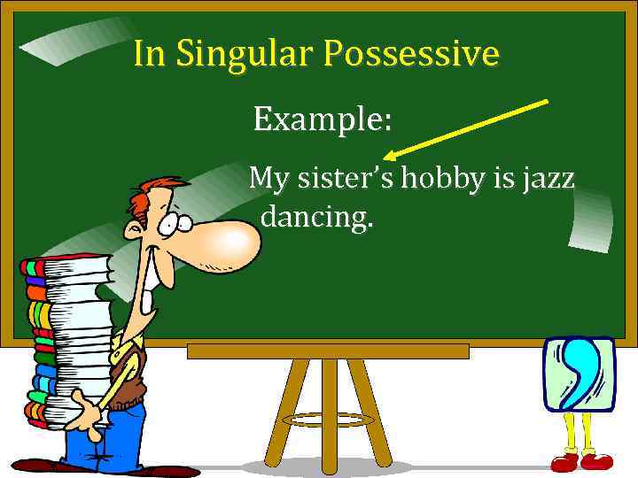 In Singular Possessive Example: My sister’s hobby is jazz dancing. 