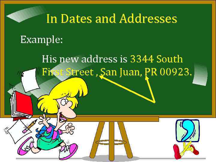 In Dates and Addresses Example: His new address is 3344 South First Street ,