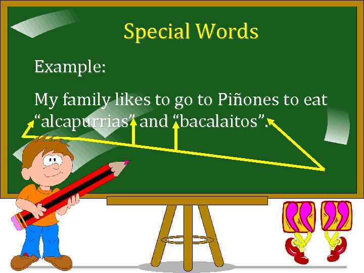 Special Words Example: My family likes to go to Piñones to eat “alcapurrias” and