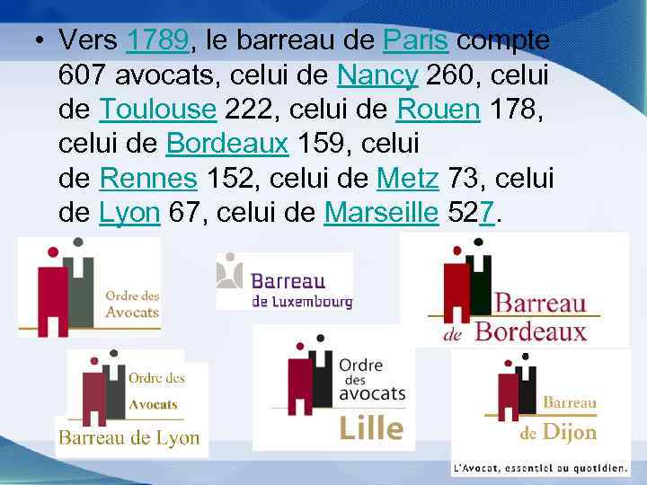  • Vers 1789, le barreau de Paris compte 607 avocats, celui de Nancy