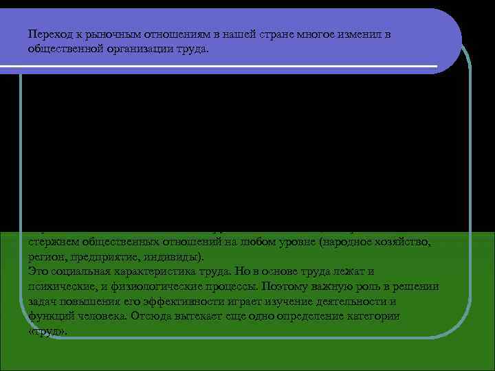 Переход к рыночным отношениям в нашей стране многое изменил в общественной организации труда. Как