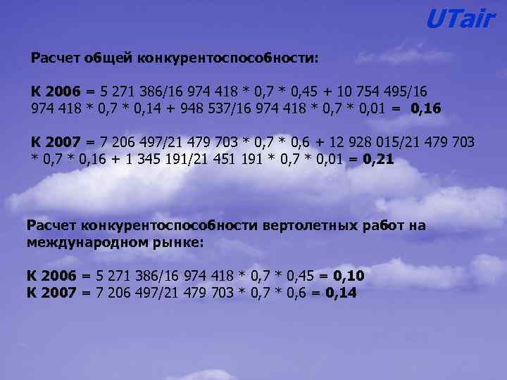 UTair Расчет общей конкурентоспособности: К 2006 = 5 271 386/16 974 418 * 0,