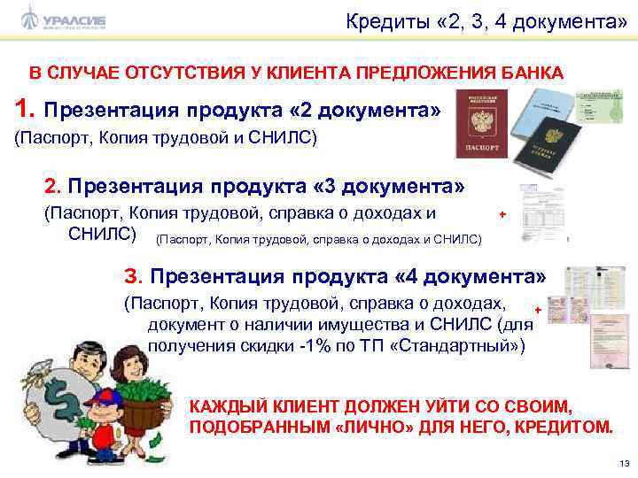 Кредиты « 2, 3, 4 документа» В СЛУЧАЕ ОТСУТСТВИЯ У КЛИЕНТА ПРЕДЛОЖЕНИЯ БАНКА 1.